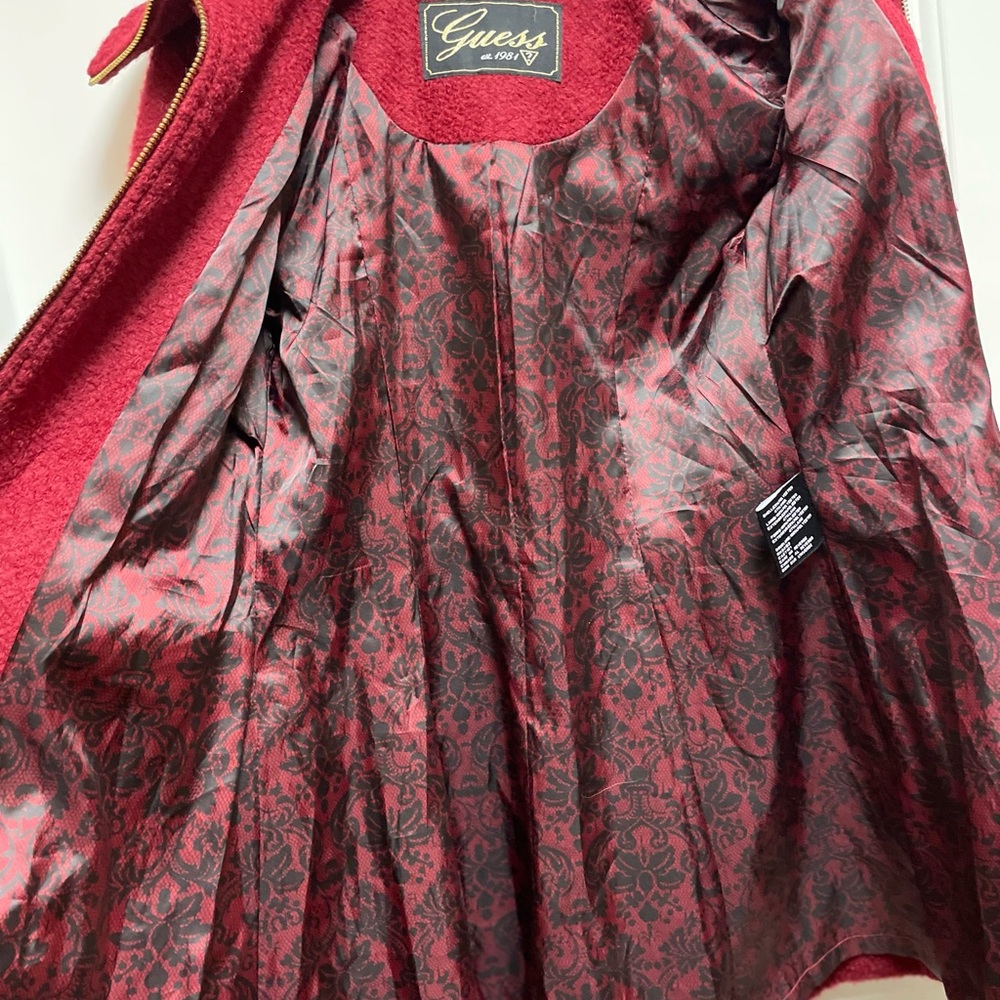 Guess Sz Women's Gorgeous Red Textured Pea Coat Gold Accents Lace Pattern Lining - Picture 8 of 12